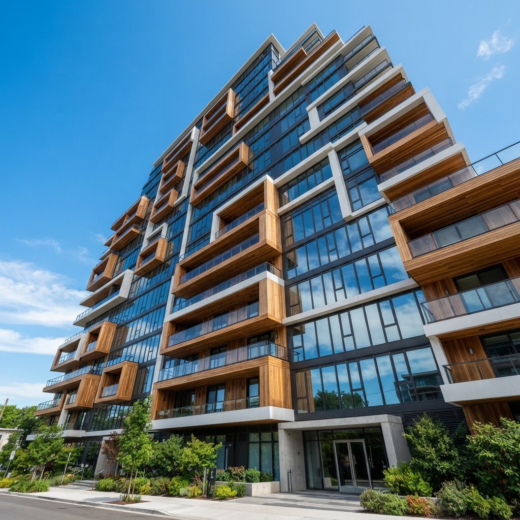 Modern multi-story apartment building facade with alternating balconies