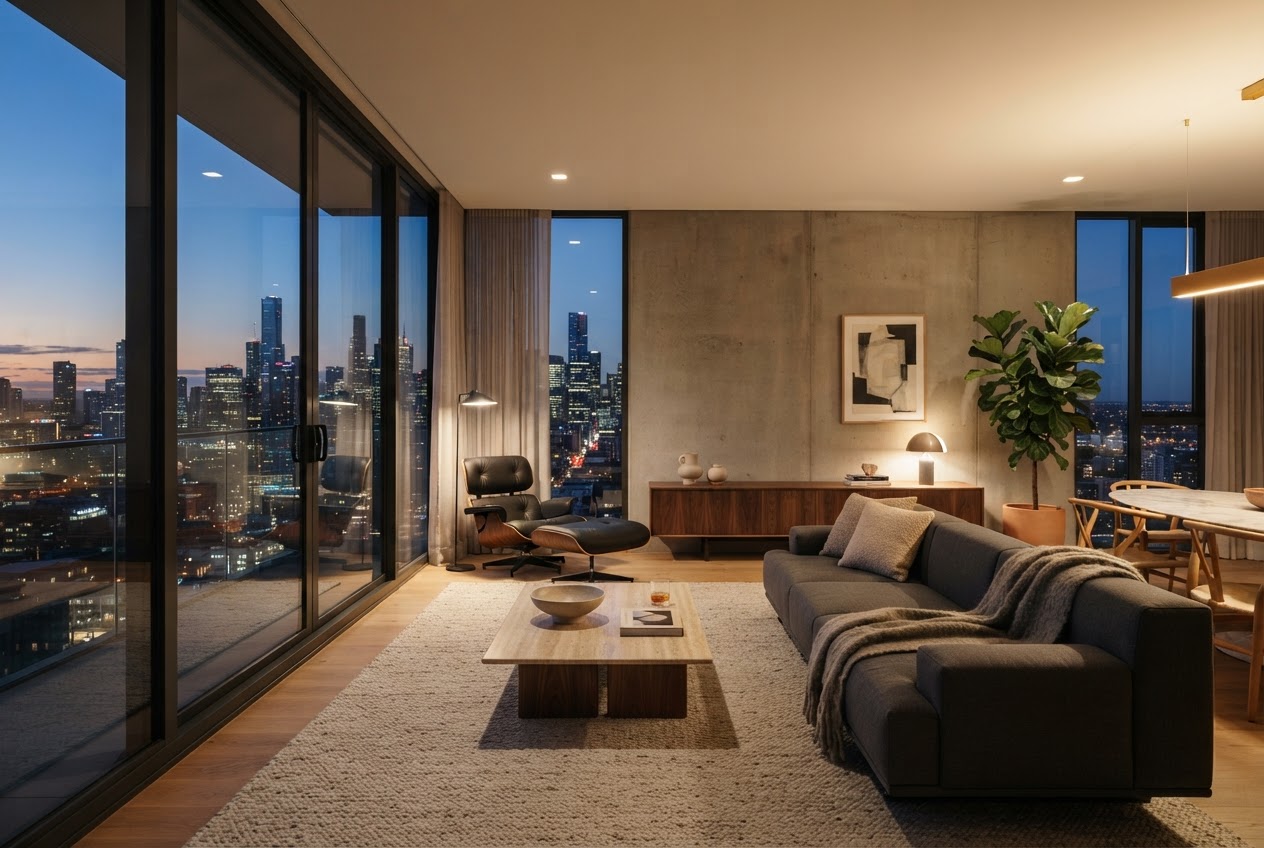 Luxury modern apartment interior with floor-to-ceiling windows overlooking a city skyline at dusk