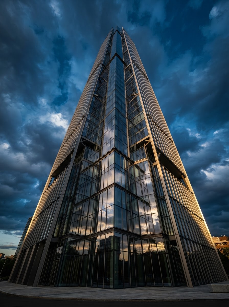Low-angle view of a modern commercial glass tower reflecting the sky