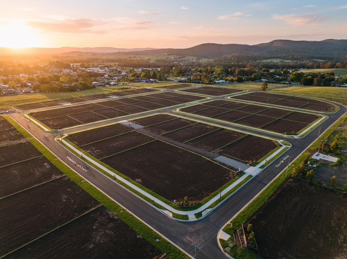 Aerial drone view of pristine serviced land plots at sunset