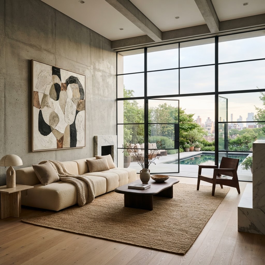 Minimalist luxury living room with large abstract artwork and floor-to-ceiling windows