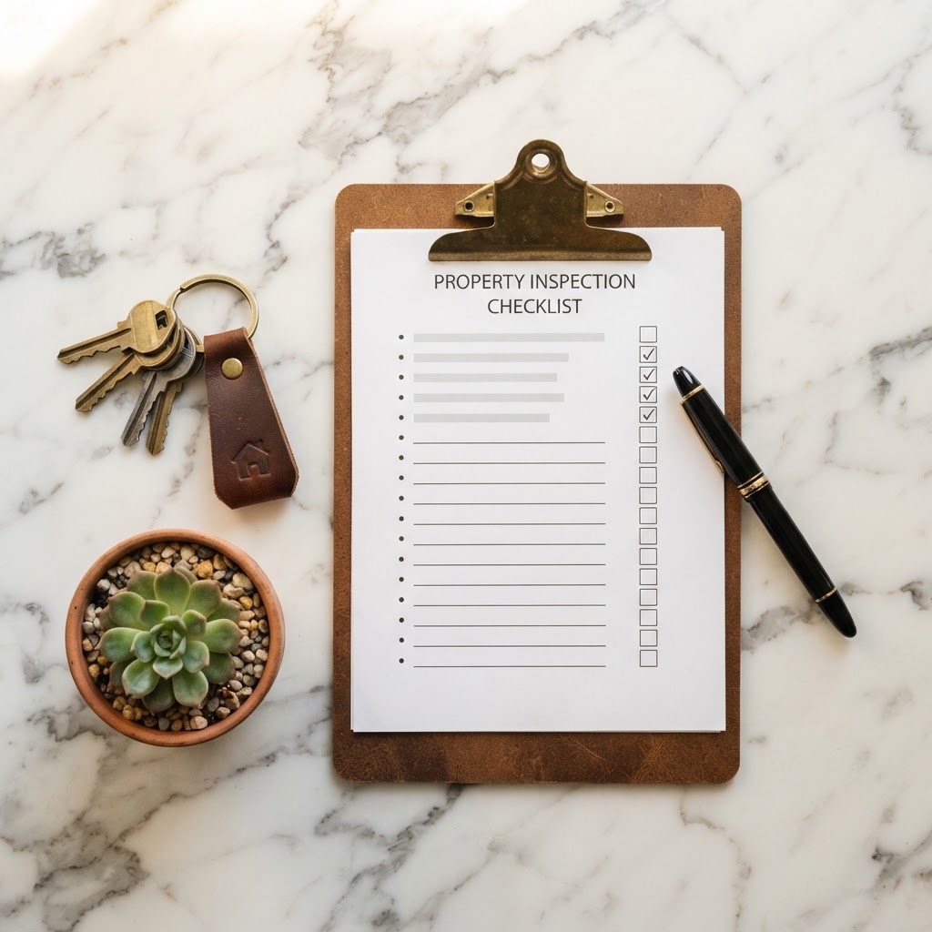 Property management essentials on a marble desk: brass keys, clipboard, fountain pen