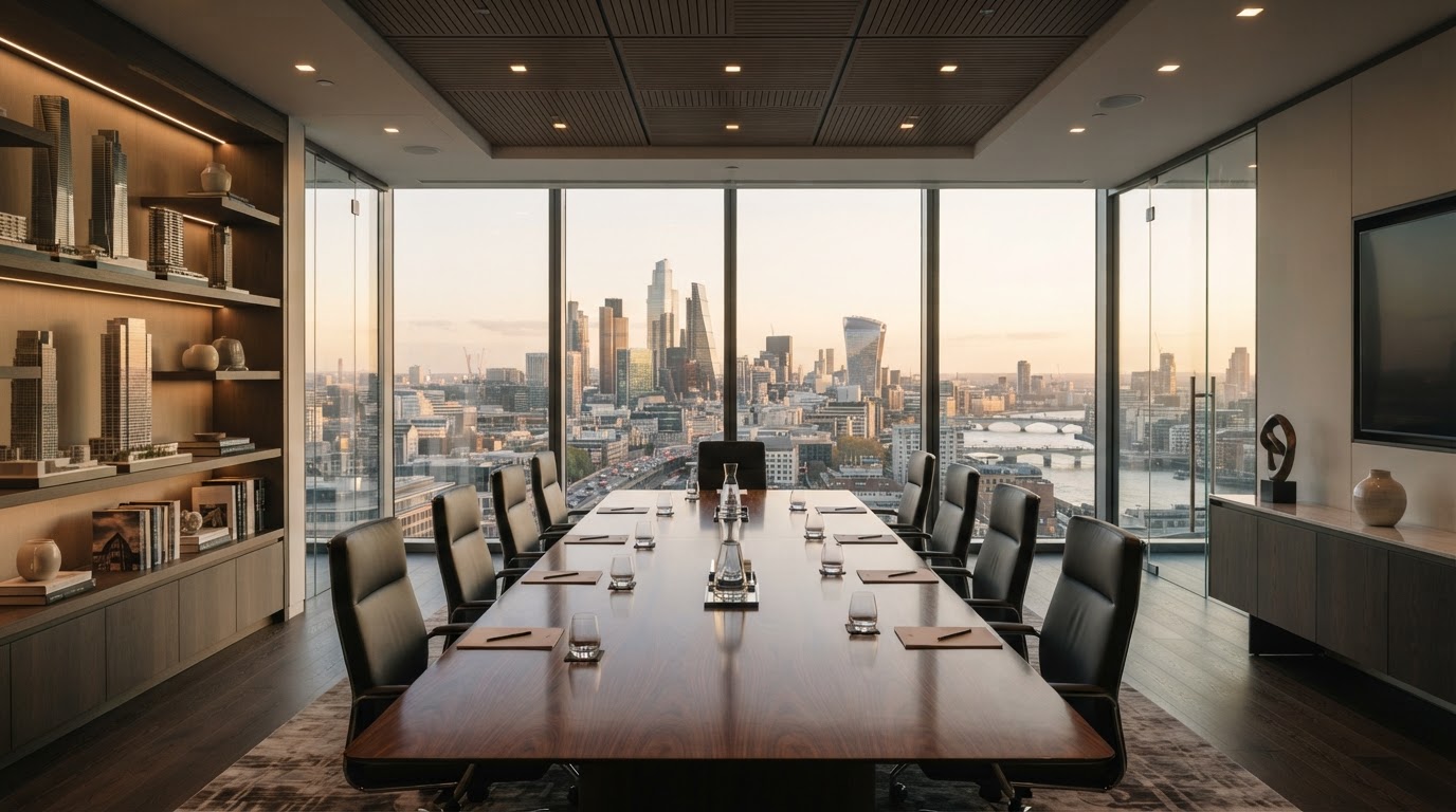 Modern real estate office boardroom with floor-to-ceiling windows overlooking a cityscape
