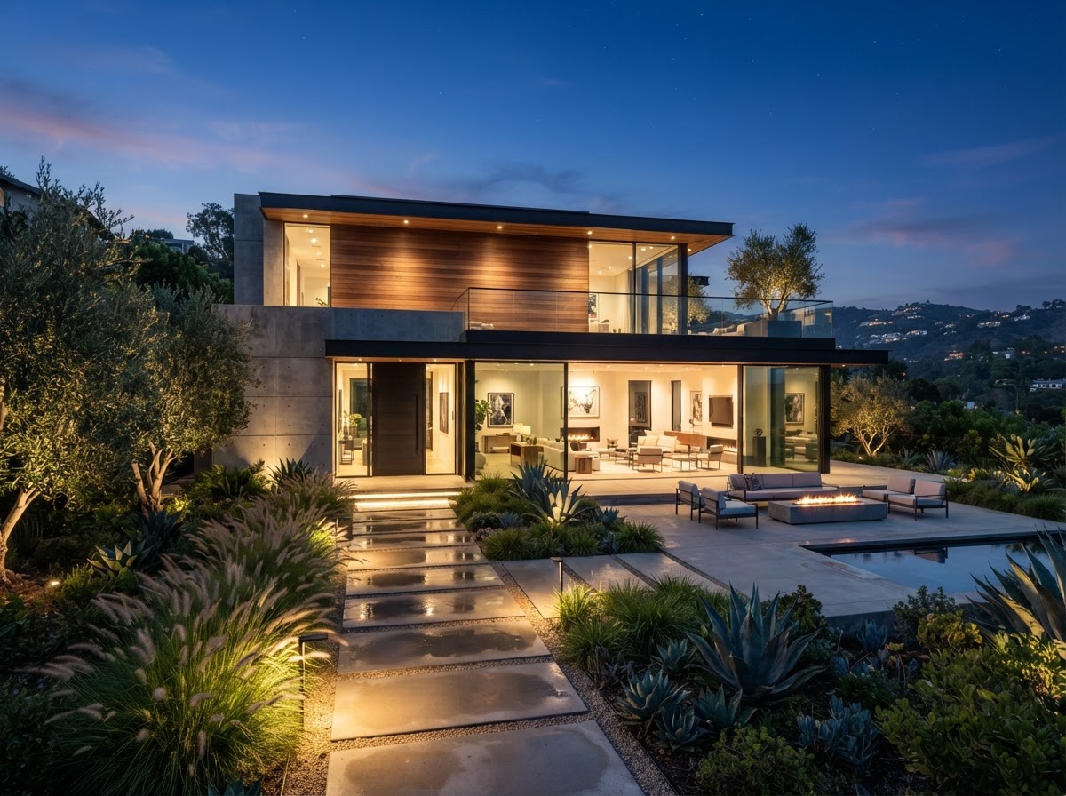 Modern luxury residential house exterior with minimalist architecture at twilight