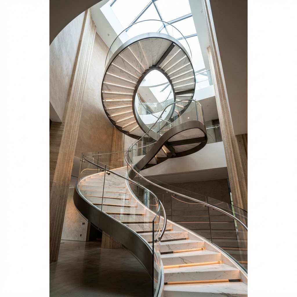 Dramatic architectural spiral staircase in a luxury modern home with marble steps